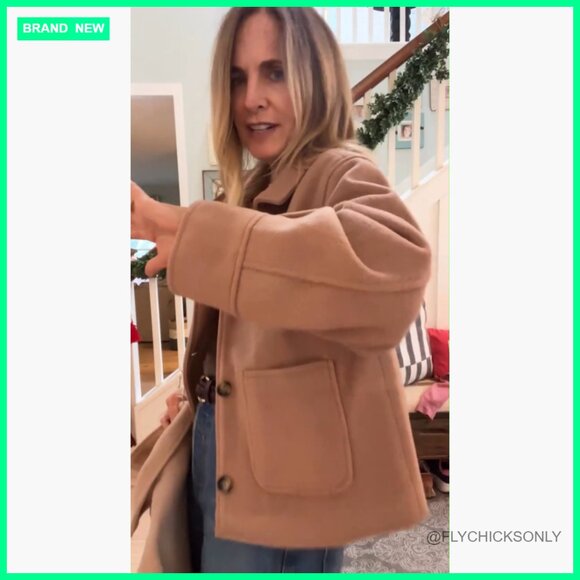 Cropped Pea Coat with Pockets, Boxy Fit Casual Jacket - Picture 7 of 7